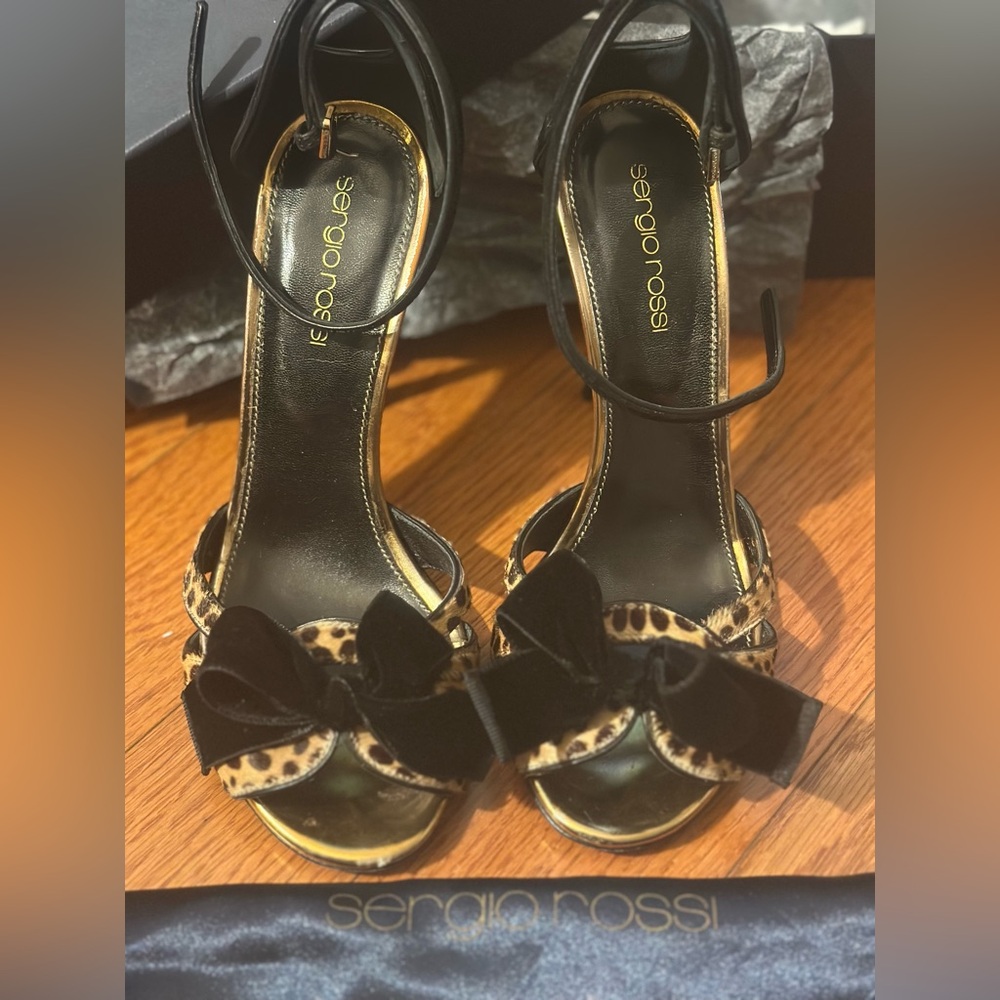 Sergio Rossi Leopard Print Bow Sandals Black Velvet Designer Heels 6.5